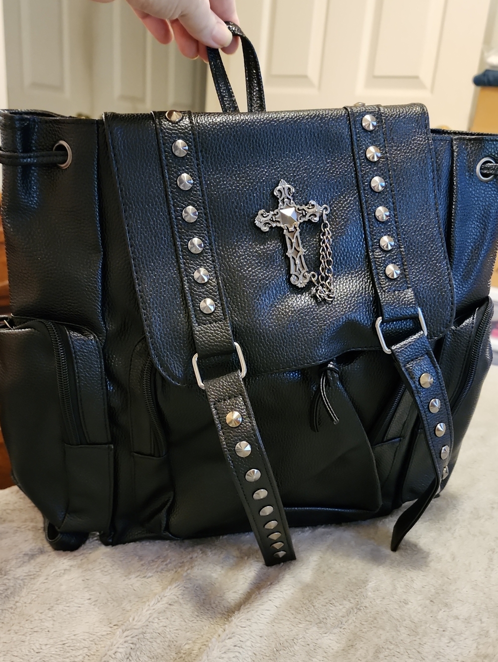 SHEIN Black Studded Drawstring Backpack with Cross Charm
